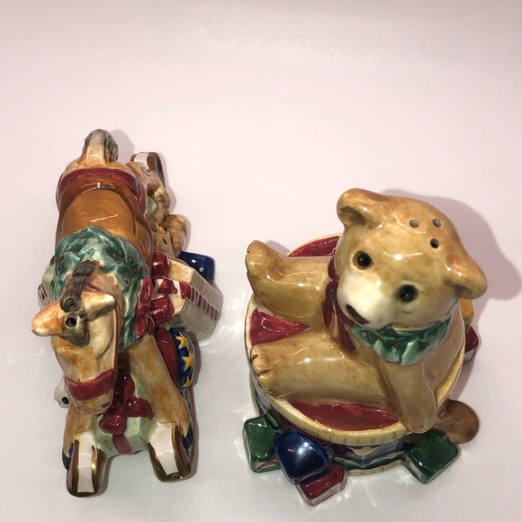 Fitz & Floyd Old FASHION CHRISTMAS Salt & Pepper Shakers Rocking Horse And Bear - Picture 13 of 13